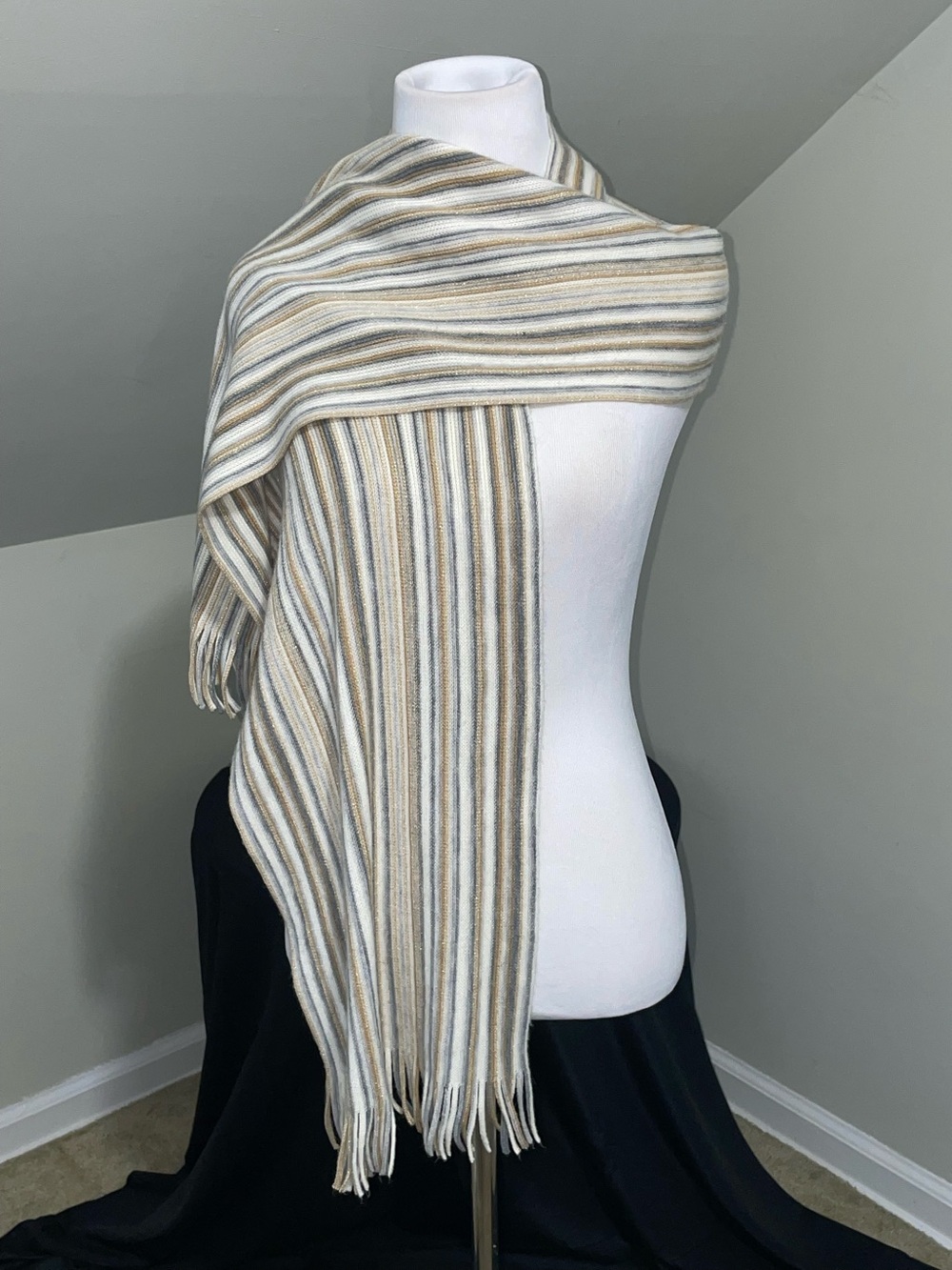 Striped Fringe Scarf - Cream, gold and silver.